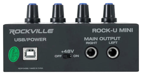Back view of Mini 2x2 USB Audio Interface With 24 Bit 192kHz Conversion, showing USB port and output jacks.