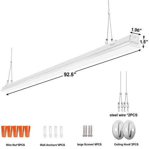 8 Foot LED Shop Light Fixture Hella Bright 110W 12200 Lumens with installation kit, showing dimensions and mounting accessories.