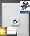 Heavy Duty Electric Heating Blast Drying Oven With Digital Temp Control showing back view with centrifugal fan and stainless steel heating element.
