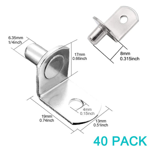 40 Pcs Shelf Pins L Shaped Bracket Clips Nickel Plated With Hole One Quarter Inch Diameter for cabinets and shelves support
