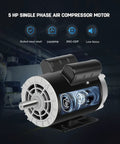 Beast 5 HP 230V Single Phase Air Compressor Motor, 3450 RPM, 60Hz, 56 Frame, Seven Eighth Inch Keyed Shaft, CCW Rotation, ODP