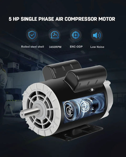 Beast 5 HP 230V Single Phase Air Compressor Motor, 3450 RPM, 60Hz, 56 Frame, Seven Eighth Inch Keyed Shaft, CCW Rotation, ODP