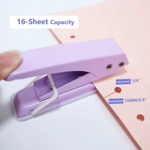 Heavy Duty Quarter Inch Hole Puncher For Paper And Crafts, handheld, 16 sheet capacity, showing lever action on pink paper