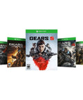 Gears game collection featuring Gears 5 and previous titles, designed for Xbox One with vibrant covers for gaming enthusiasts.