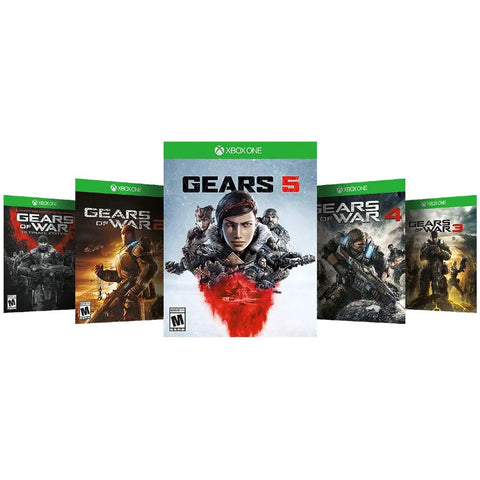 Gears game collection featuring Gears 5 and previous titles, designed for Xbox One with vibrant covers for gaming enthusiasts.