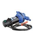 Heavy Duty 12 Volt Def Transfer Pump Handles 8 Gpm Antifreeze Or Washer Fluid No Sweat Compatible With Water Based Solutions Featuring Secure Hose Barb Connections For Easy Transfer, black and blue pump with electrical connections.