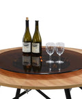 Kick Back Heavy Duty Tempered Glass Lazy Susan Turntable 31 To 35 Inch Round serving wine bottles and glasses on smooth glass surface.