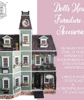 Front view of a green dollhouse with floral decorations, showcasing multiple windows and detailed architectural features.