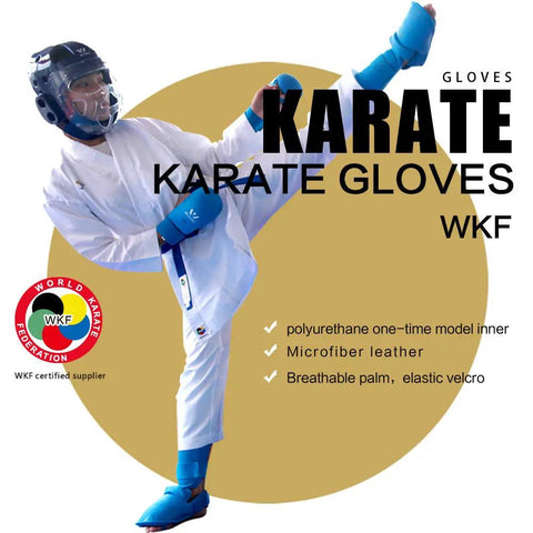 Blue Karate Shin Guard Set With Instep Protection And Gloves, WKF Certified For Training And Competition, martial artist kick