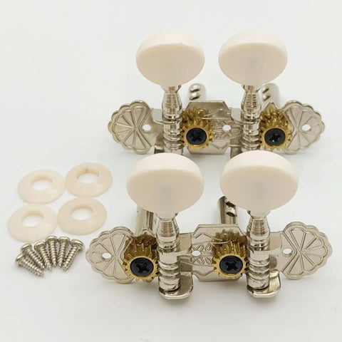 Premium White Ukulele Tuner Pegs And Keys With Smooth Gear Action Compact Metal Alloy Machine Heads featuring decorative plates and installation hardware.