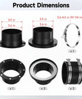 Product dimensions of Shop Vac Dust Collector Starter Kit 8 Piece Set for 4 Inch Hoses showing components and sizes.