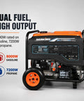 8000 Watt Gas Or Propane Dual Fuel Portable Generator With Electric Start For Home Backup And RV Use 120 To 240 Volt Output Multiple Outlets Ideal For Camping And Job Sites Off Grid, 8000W gasoline, 7200W propane, wheels visible