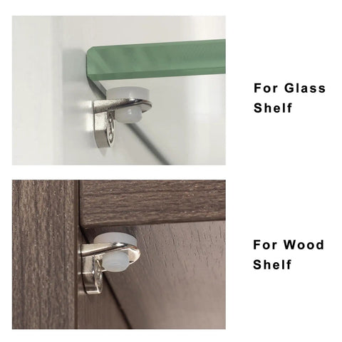 Heavy Duty Nickel Metal Shelf Peg Pins And Clips With Stick Tight Silicone Tips For 5MM Display Rack Holes mounted on glass and wood shelves.