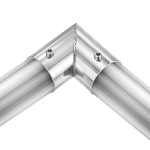 Six Pack Stainless Steel Structural Pipe Connector Set For 1 Inch 25mm OD Pipe, 90 Degree Two Way Fittings installed on pipes.