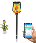 8 In 1 Smart Soil Meter For Moisture PH Light Humidity Fertility EC Salinity And Temperature With Handy App Monitor, shown with smartphone app