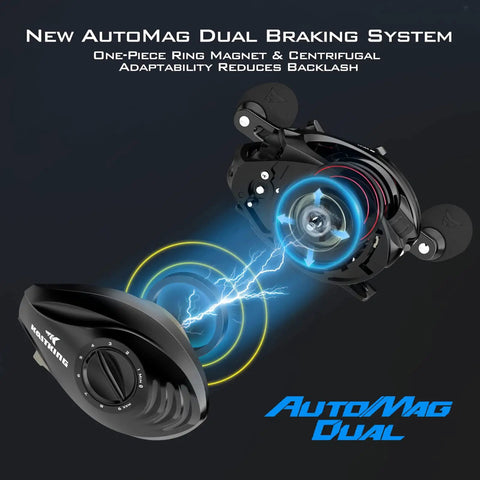MegaJaws Baitcasting Reel with AutoMag Dual Braking System illustration showing magnetic and centrifugal braking components.