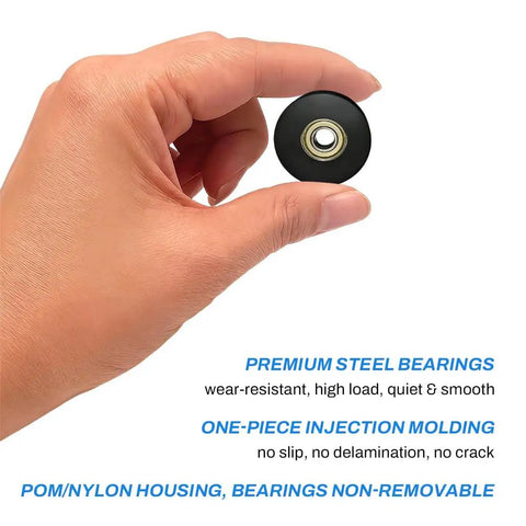 Two Piece U Groove Round Pulley 0.4x2.0x0.7in Nylon Coated Wheel With 380kg Load Capacity For Doors Windows Drawers Hardware Durable Sliding Support Smooth Operation For Quiet Reliable Sliding And Easy Installations black pulley with steel bearing in hand