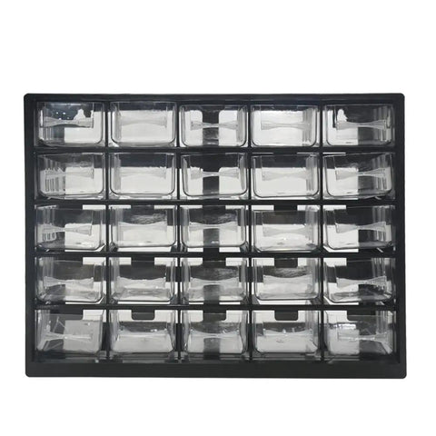 Front view of Plastic 25-Drawer Parts Storage Organizer Box for Small Hardware and Craft Components, 29.5x22.6x12.5 cm.