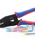 Heavy Duty Ratcheting Terminal Crimper For AWG 22 To 10 Gauge Wire with precision steel jaws and assorted connectors.
