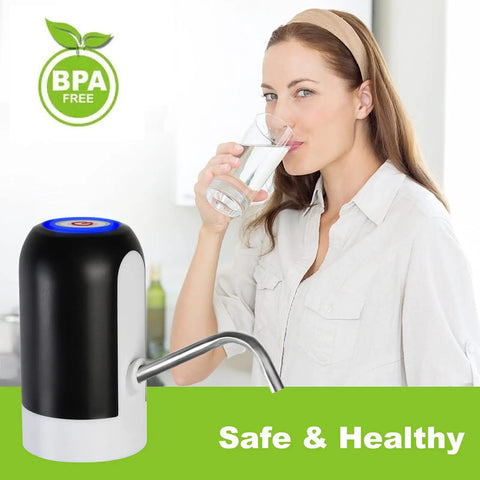 Woman using Portable 5 Gallon Water Pump Dispenser With Rechargeable Built In Battery Electric Drinking Water Pump for home use.