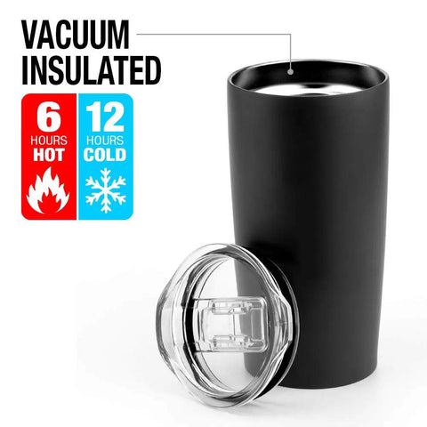 20 Oz Double Wall Vacuum Insulated Stainless Steel Tumbler With Slide Top Leakproof Lid showing black finish and clear lid.