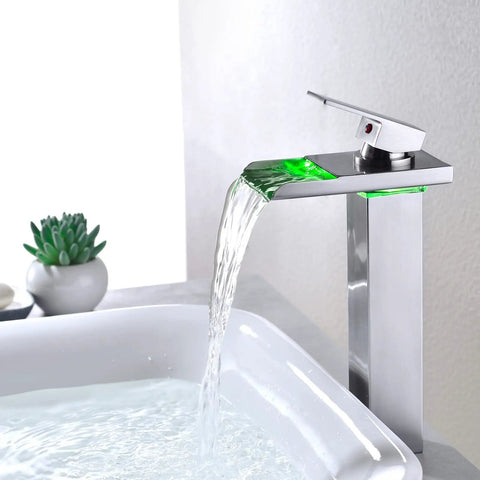 Lit LED Waterfall Bathroom Faucet For Vessel Sink, Oil-Rubbed Bronze, tall 1-hole with green light on, water flowing