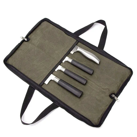 Open Chef Knife Roll Bag with Canvas Design Adjustable Shoulder Strap And Multiple Knife Slots for work culinary school camping barbecuing.