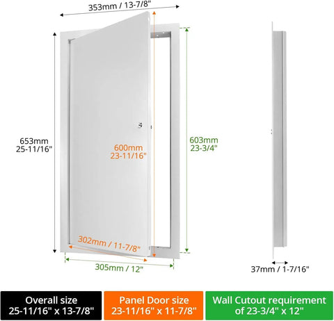 Heavy Duty Aluminum Access Panel Featuring A Slick Flush Concealed Hinge And Dead Nuts Tight Screw Mount For Drywall Ceilings Utility Shafts And Tile Wall Openings showing dimensions and panel door size.
