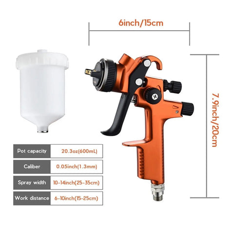 Heavy Duty Professional Pneumatic Paint Sprayer dimensions with 6 inch size and 20.3oz pot for vehicle refinishes.