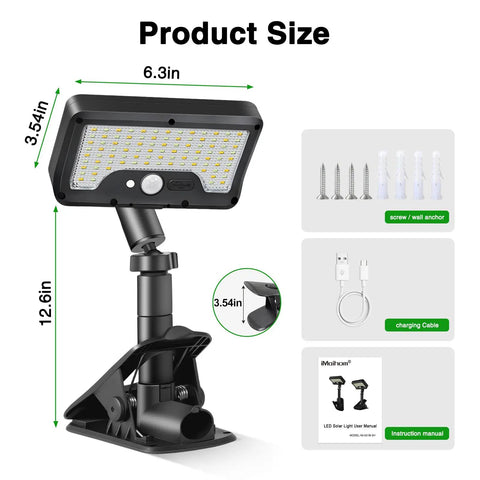 Heavy Duty Solar Motion Lights Clip On For Fence Deck And Gutter 92 Led Security Spotlight size 6.3 x 3.54 x 12.6 inches with mount included.