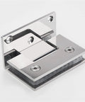 Heavy Duty Stainless Steel Frameless Glass Shower Door Hinge Two Way Pivoting Silent Closure with smooth finish and mounting holes.