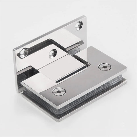 Heavy Duty Stainless Steel Frameless Glass Shower Door Hinge Two Way Pivoting Silent Closure with smooth finish and mounting holes.