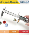 Digital caliper measuring with Bullet Comparator Kit With 14 Inserts For.17 To.45 Calibers, showing inserts and use.