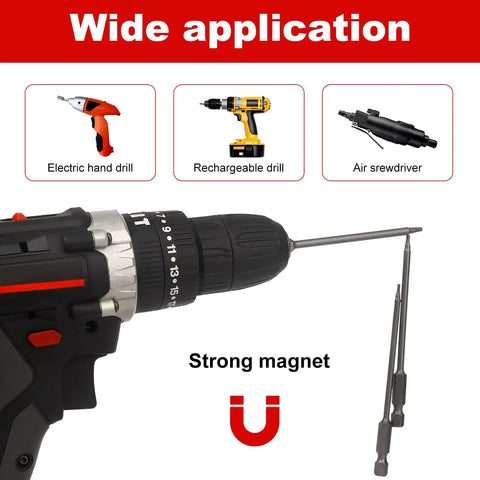 Strong magnet and Torx bits in electric hand drill showcasing the 11 Piece Killer Security Torx Bit Set Tamper Proof Star Driver Bits Solid S2 Steel Magnetic Screwdriver Inserts 4 Inch Length 1/4 Inch Hex Shank T6 Through T40 Pro Grade Gear for Tight Fittings and Quick Repairs.
