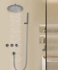 Shower System 10 Inch Wall Mounted Rainfall Set with Handheld Spray featuring sleek stainless steel design and water flow.