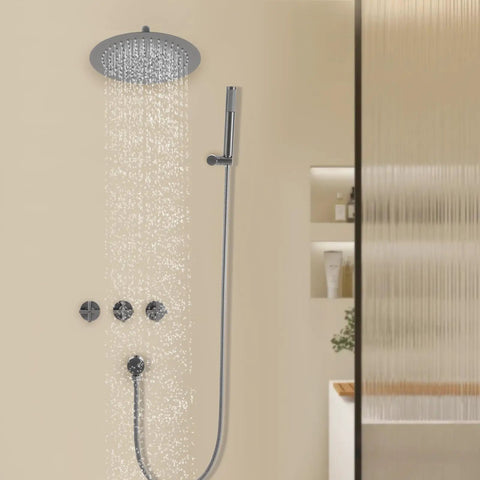 Shower System Wall Mounted 10 Inch Stainless Steel Rain Shower with water pouring from the rainfall showerhead.