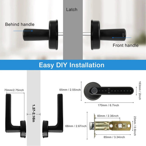 Easy installation of Five In One Keyless Smart Door Lock With App Code Fingerprint Key Card And Handle, dimensions shown
