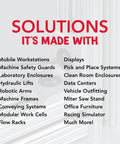 List of solutions using T-slot aluminum extrusions including mobile workstations, machine frames, displays, and more.