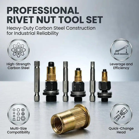 Heavy Duty Rivet Nut Tool Kit With M3 To M8 Carbon Steel Adapters For Sheet Metal Auto Repair And Furniture Building Projects That Get The Job Done Right Every Time, carbon steel set