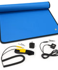 Blue portable anti-static ESD mat kit for PC building, with wrist strap, grounding plug and alligator clips