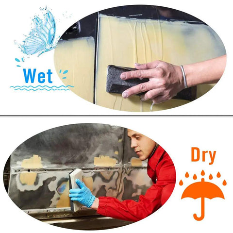 45 Piece Wet And Dry Sandpaper Set Workhorse Grit Range 120 To 5000 with use on auto body, illustrating wet and dry sanding processes.