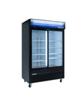 Heavy Duty Commercial Refrigerator 45 Cubic Feet With Double Sliding Glass Doors And Black Finish, featuring interior shelving.