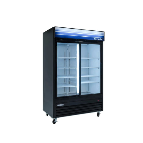 Heavy Duty Commercial Refrigerator 45 Cubic Feet With Double Sliding Glass Doors And Black Finish, featuring interior shelving.