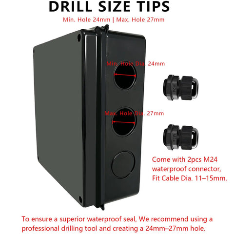 Hella Durable IP65 Waterproof ABS Junction Box equipped with two M24 cable glands, showing drill size tips for installation.