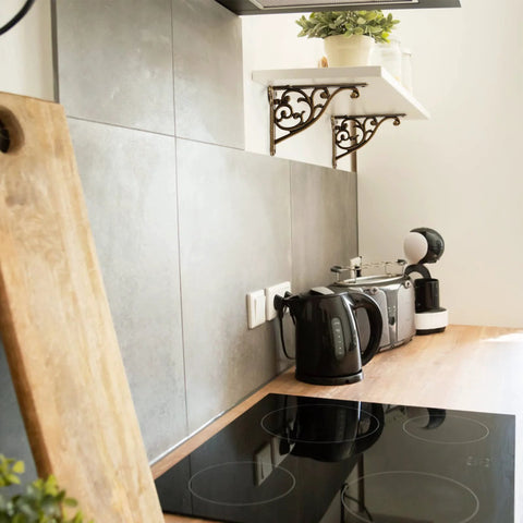Kitchen counter view with 8 Inch Heavy Duty Antique Brass Shelf Brackets Set Of 4 For Wall Mounted Shelves Victorian style.