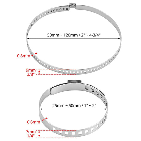 Stainless Steel CV Boot Clamp Kit For ATV And UTV Drives, front view with size details of adjustable axel joint crimp clamps.