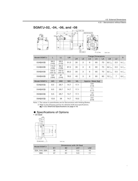 CHUNYE SGM7J servo motor with holding brake; front and side dimension diagrams for models 02–08 in Sigma-7 series.
