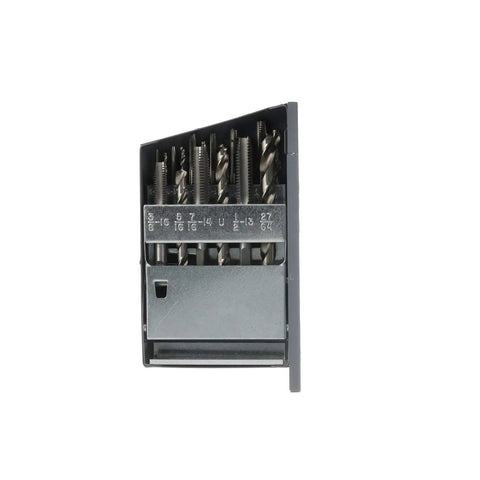 18 Piece High Speed Steel Tap And Drill Combo Set with Precision Hand Taps in steel case for metalworking, side view
