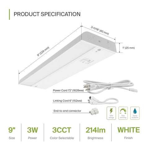 Diagram showing 9 Inch Dimmable Under Cabinet Lights Kit With Plug In Or Hardwired Install Three Color Temps 2700K To 4000K