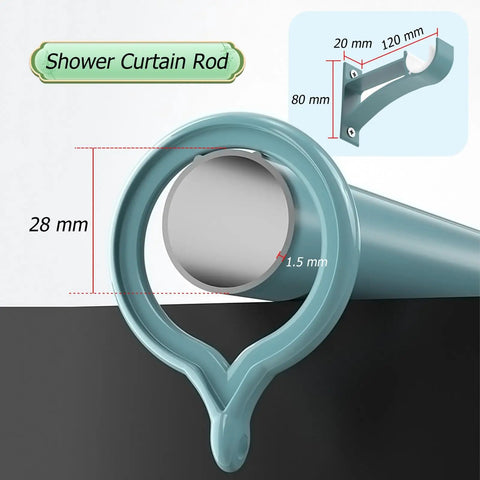 Shower Curtain Rod featuring a 28mm diameter, blue design with detailed bracket measurements for installation.